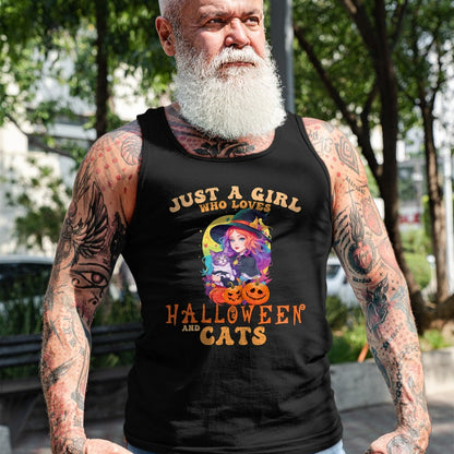 Shirt, Funny Cat Lover Gift UnisexT-Shirt/Hoodie/Sweatshirt HLT00 - Just A Girl Who Loves Halloween and Cats Spooky Fall Pumpkin T-Shirt (1)