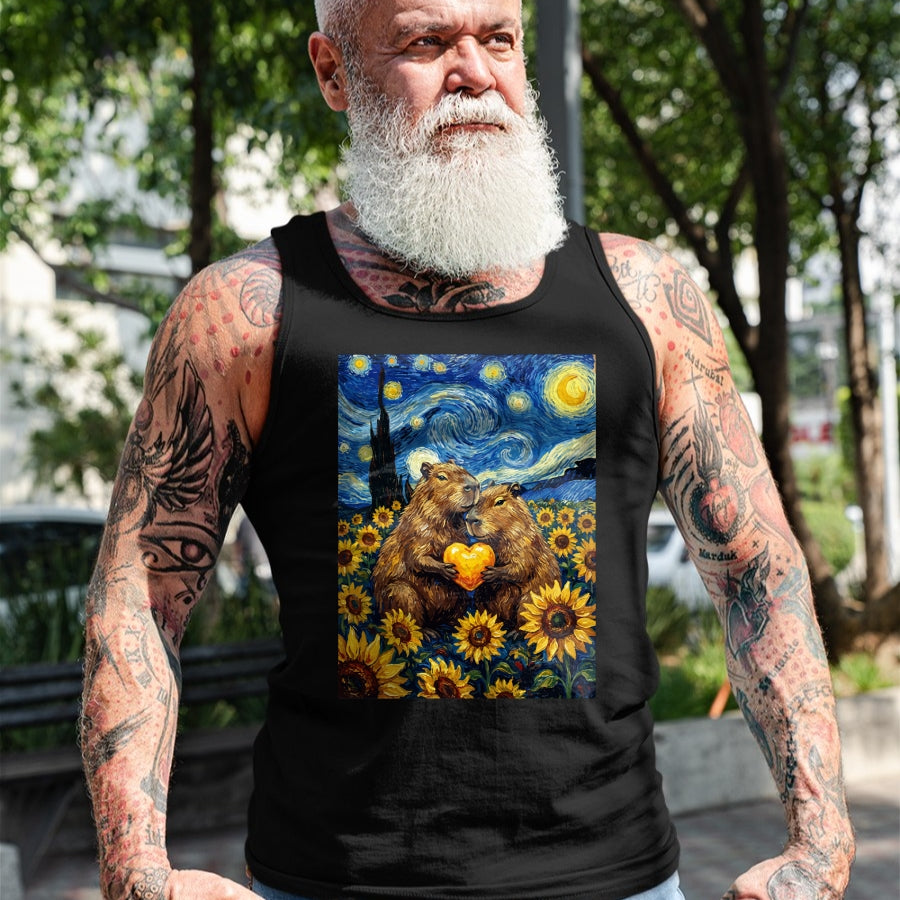 Cute Capybara Shirt, Funny Capybara Unisex T-Shirt/Hoodie/Sweatshirt HLT00 - Capybara Starry Night with Heart and Sunflowers Long Sleeve T-Shirt