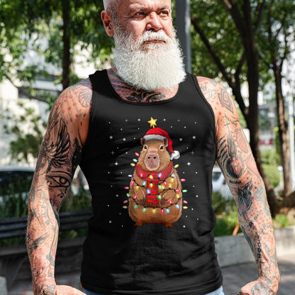 Cute Capybara Shirt, Funny Capybara Unisex T-Shirt/Hoodie/Sweatshirt HLT00 - Christmas Capybara with Santa Hat Xmas Lights Tree T-Shirt