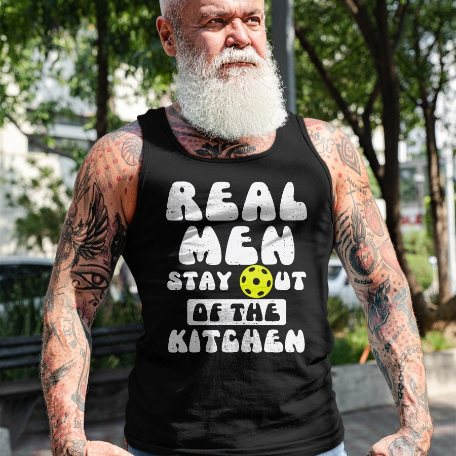 Funny Pickleball Shirt, Pickleball Lover Unisex T-Shirt/Hoodie/Sweatshirt HLT00 - Pickleball Real Men Stay Out Kitchen Funny Pickle Ball Dad T-Shirt
