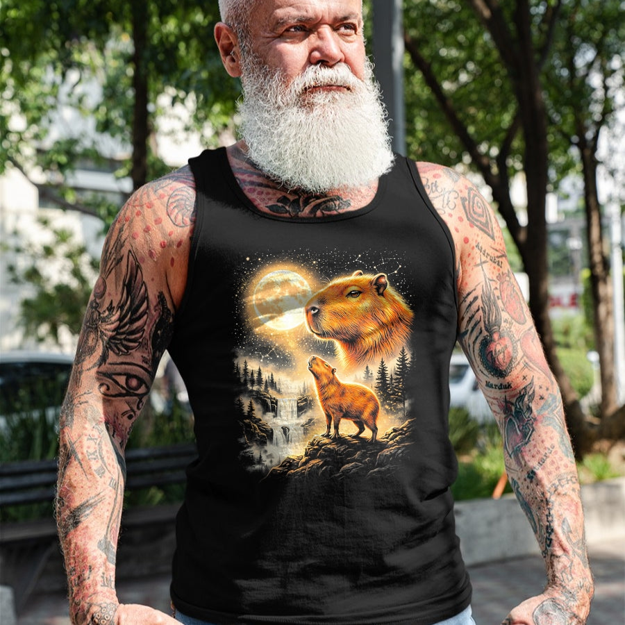 Cute Capybara Shirt, Funny Capybara Unisex T-Shirt/Hoodie/Sweatshirt HLT00 - Capybara Howling At The Moon Forest Waterfall Art T-Shirt