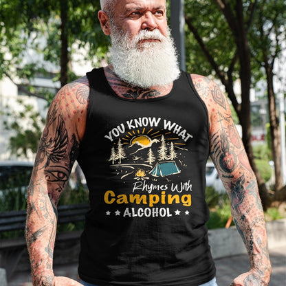 Funny Camping Shirt, Gift For Camping Lover Unisex T-Shirt/Hoodie/Sweatshirt HLT00 - You Know What Rhymes with Camping Alcohol Hiking Adventure T-Shirt, Men, Black, Medium