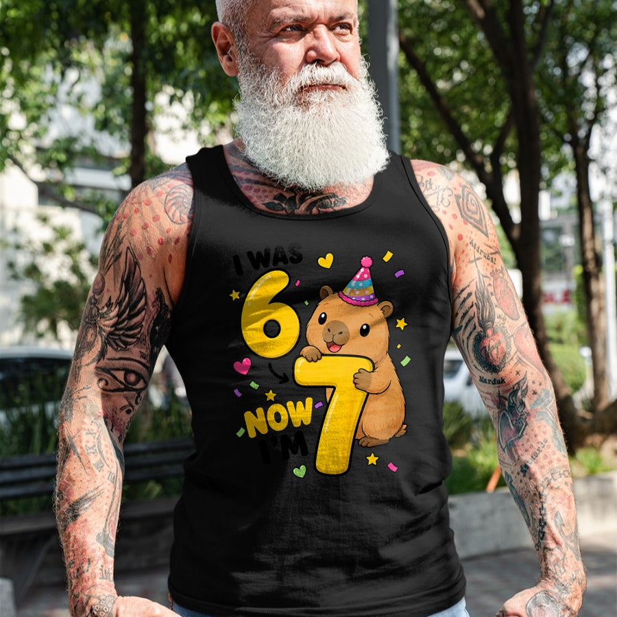 Cute Capybara Shirt, Funny Capybara Unisex T-Shirt/Hoodie/Sweatshirt HLT00 - I was 6 Now Im 7 Capybara 7th Birthday Party Cute 67 T-Shirt