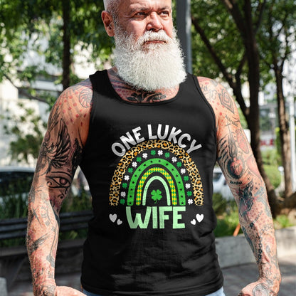 Best Wife Shirt, Wife and Husband Unisex T-Shirt/Hoodie/Sweatshirt HLT00 - Gift for wife T shirt, lucky wife   Womens One Lucky Wife Leopard Rainbow Saint Patrick's Day Tank T (1)