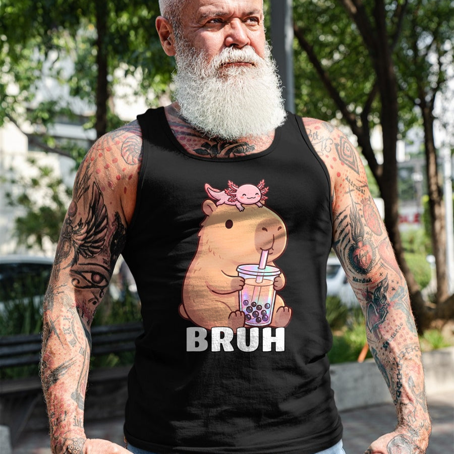 Cute Capybara Shirt, Funny Capybara Unisex T-Shirt/Hoodie/Sweatshirt HLT00 - Cute Bruh Capybara Drinking Bubble Tea Axolotl Funny Kawaii T-Shirt