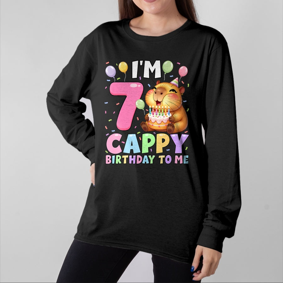 Cute Capybara Shirt, Funny Capybara Unisex T-Shirt/Hoodie/Sweatshirt HLT00 - Kawaii Girl Capybara 7th Birthday to Me Balloons Capy Cake T-Shirt