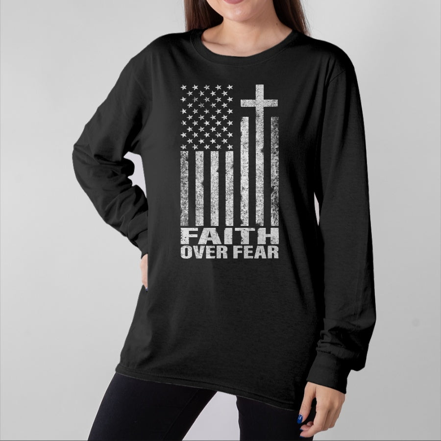 Christian Tee, Christian Faith Unisex T-Shirt/Hoodie/Sweatshirt HLT00 - Faith Over Fear Cool Christian Flag Cross for Men Women Kids Short Sleeve T-Shirt