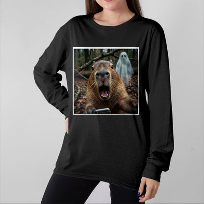 Cute Capybara Shirt, Funny Capybara Unisex T-Shirt/Hoodie/Sweatshirt HLT00 - Funny Capybara Ghost Selfie Photo Capy Meme Tee Kawaii T-Shirt