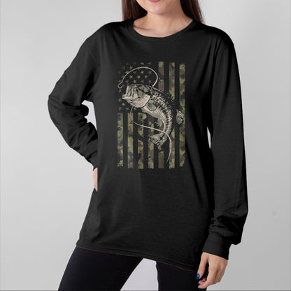 Funny Fishing Shirt, Gift For Fishing Lover Unisex T-Shirt/Hoodie/Sweatshirt HLT00 - Fishing Camo American Flag Bass Fish (Design on Back) T-Shirt