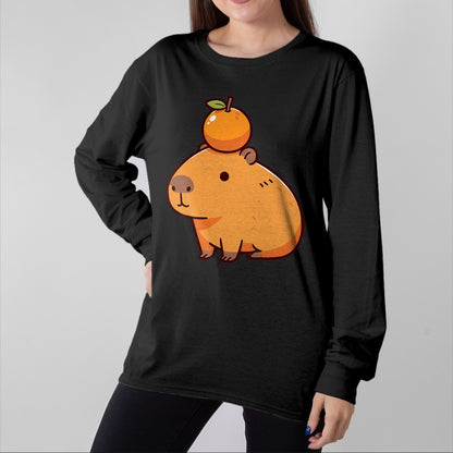 Cute Capybara Shirt, Funny Capybara Unisex T-Shirt/Hoodie/Sweatshirt HLT00 - Capybara with Orange on the Head Capybara T-Shirt
