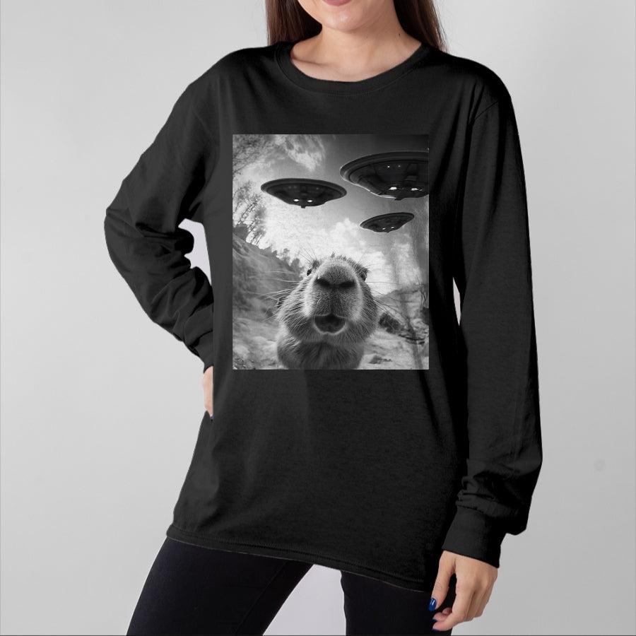 Cute Capybara Shirt, Funny Capybara Unisex T-Shirt/Hoodie/Sweatshirt HLT00 - Funny Capybara Selfie with UFOs Weird Graphic Tee Alien UFO T-Shirt