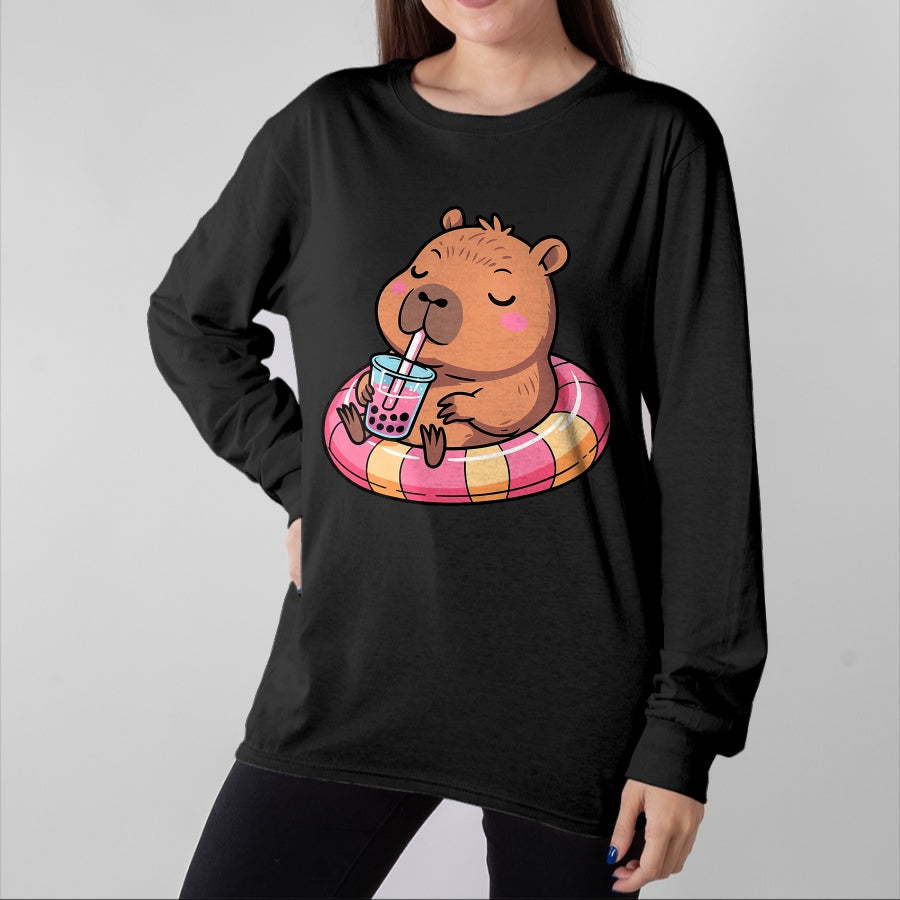 Cute Capybara Shirt, Funny Capybara Unisex T-Shirt/Hoodie/Sweatshirt HLT00 - Kawaii Capybara Bubble Tea Pool Float Teen Girls and Her Mom T-Shirt
