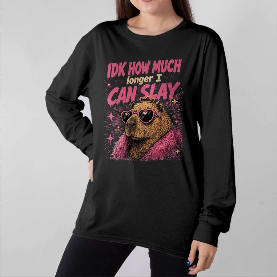 Cute Capybara Shirt, Funny Capybara Unisex T-Shirt/Hoodie/Sweatshirt HLT00 - Funny Capybara IDK How Much Longer I Can Slay Teens Meme T-Shirt