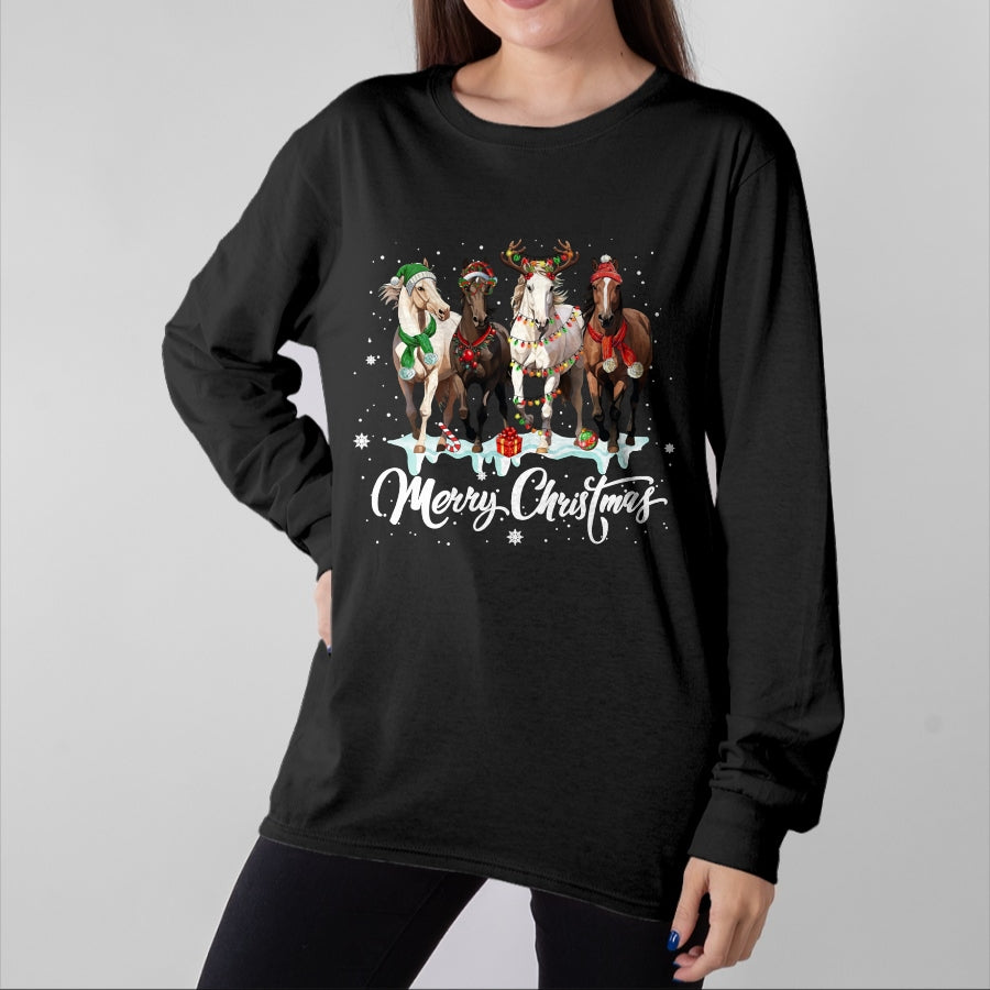 Best Horse Lover Shirt , Funny Horse UnisexT-Shirt/Hoodie/Sweatshirt HLT00 - Merry Christmas Horse Lover Santa Hat Xmas Holiday Snow Long Sleeve T-Shirt