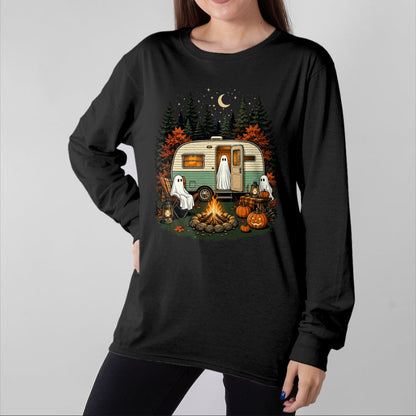 Funny Camping Shirt, Gift For Camping Lover Unisex T-Shirt/Hoodie/Sweatshirt HLT00 - Halloween Ghost Rv Camping Fall Camper Pumpkin Camper Autumn T-Shirt