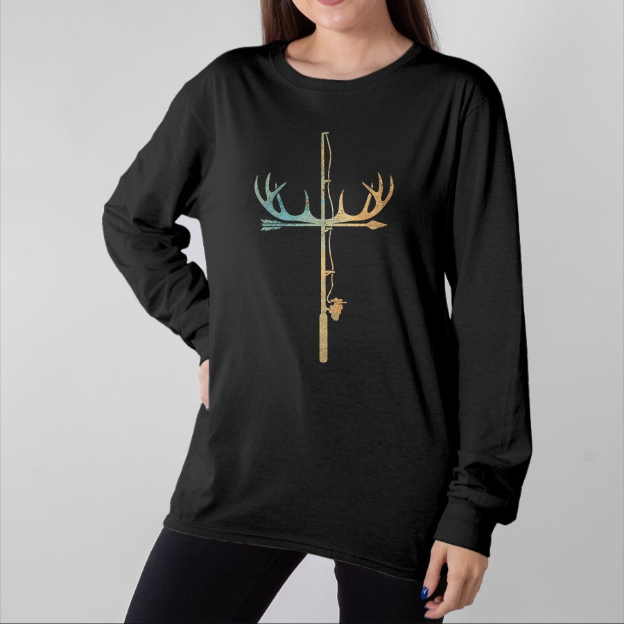 Funny Fishing Shirt, Gift For Fishing Lover Unisex T-Shirt/Hoodie/Sweatshirt HLT00 - Antler Fishing Rod Cross God Family Hunting Fishing T-Shirt