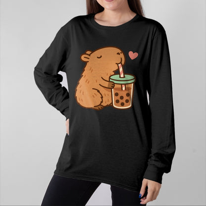 Cute Capybara Shirt, Funny Capybara Unisex T-Shirt/Hoodie/Sweatshirt HLT00 - Cute Capybara Boba Kawaii Bubble Drink Girls Women Long Sleeve T-Shirt