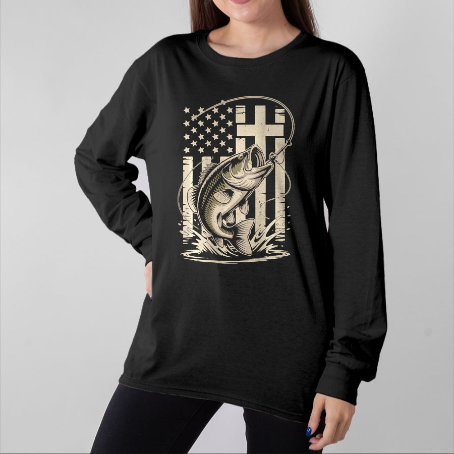 Funny Fishing Shirt, Gift For Fishing Lover Unisex T-Shirt/Hoodie/Sweatshirt HLT00 - Christian Fishing Camo Bass Fish American Flag Fishing Faith T-Shirt