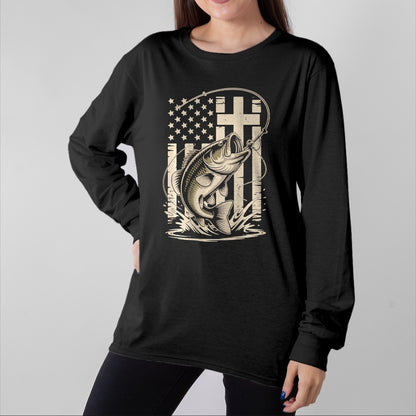 Funny Fishing Shirt, Gift For Fishing Lover Unisex T-Shirt/Hoodie/Sweatshirt HLT00 - Christian Fishing Camo Bass Fish American Flag Fishing Faith T-Shirt