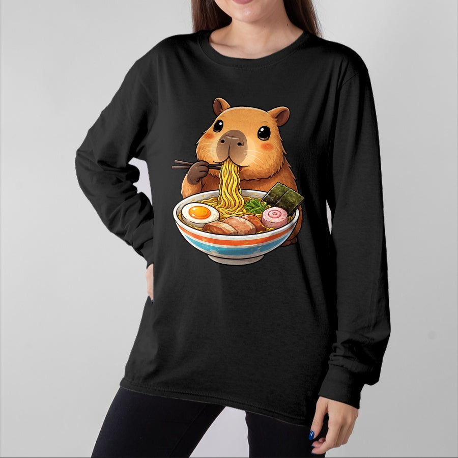 Cute Capybara Shirt, Funny Capybara Unisex T-Shirt/Hoodie/Sweatshirt HLT00 - Capybara Eating Ramen Noodles Japanese Kawaii Graphic T-Shirt