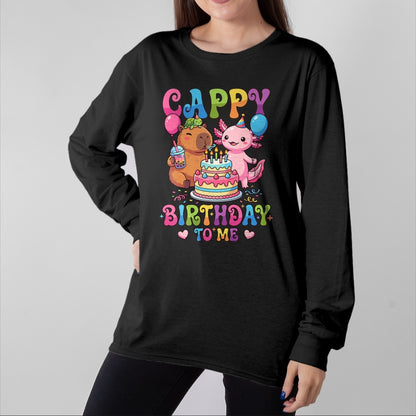 Cute Capybara Shirt, Funny Capybara Unisex T-Shirt/Hoodie/Sweatshirt HLT00 - Cute Happy Birthday to Me Capybara Axolotl Turtle Party T-Shirt