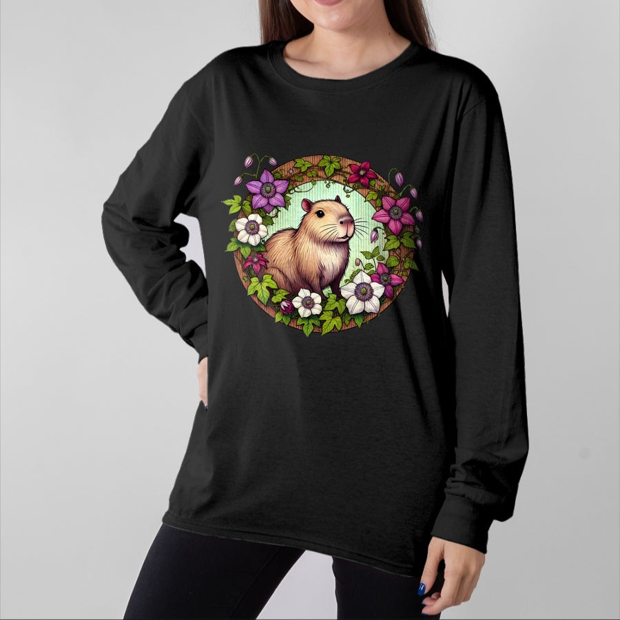 Cute Capybara Shirt, Funny Capybara Unisex T-Shirt/Hoodie/Sweatshirt HLT00 - Capybara floral Illustration Long Sleeve T-Shirt