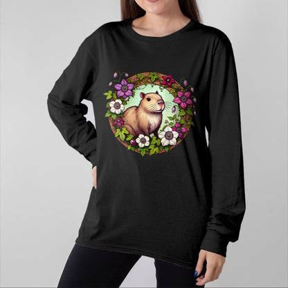 Cute Capybara Shirt, Funny Capybara Unisex T-Shirt/Hoodie/Sweatshirt HLT00 - Capybara floral Illustration Long Sleeve T-Shirt