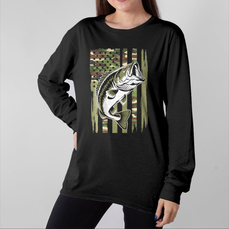 Funny Fishing Shirt, Gift For Fishing Lover Unisex T-Shirt/Hoodie/Sweatshirt HLT00 - Youth Camo Fishing Bass Fish American Flag Patriotic Men Boy T-Shirt