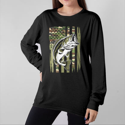Funny Fishing Shirt, Gift For Fishing Lover Unisex T-Shirt/Hoodie/Sweatshirt HLT00 - Youth Camo Fishing Bass Fish American Flag Patriotic Men Boy T-Shirt