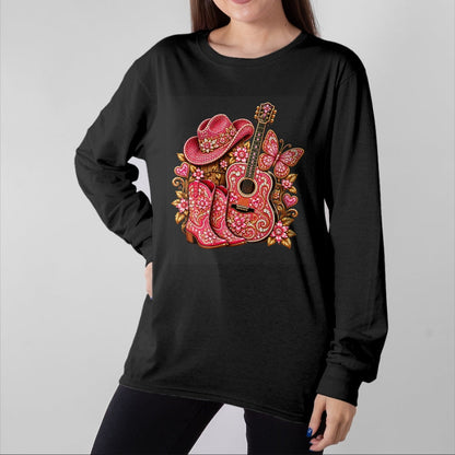 Guitar Lover Shirt, Funny Guitar UnisexT-Shirt/Hoodie/Sweatshirt HLT00 - Bedazzled Butterfly Pink Cowboy Guitar Country T-Shirt