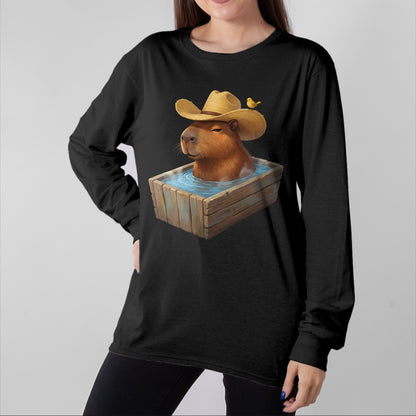 Cute Capybara Shirt, Funny Capybara Unisex T-Shirt/Hoodie/Sweatshirt HLT00 - Cute Capybara Wearing Cowboy Hat in Bathtub Funny Western T-Shirt