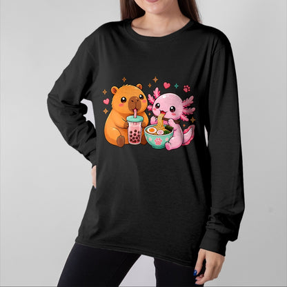 Cute Capybara Shirt, Funny Capybara Unisex T-Shirt/Hoodie/Sweatshirt HLT00 - Cute Capybara Axolotl Boba Ramen Anime Kawaii Foodie Friends T-Shirt