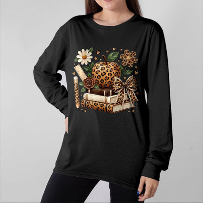 Best Student Shirt, Funny Back To School UnisexT-Shirt/Hoodie/Sweatshirt HLT00 - Leopard Apple Floral Coquette Bow Book Pencil Back to School T-Shirt, Women, White, Medium