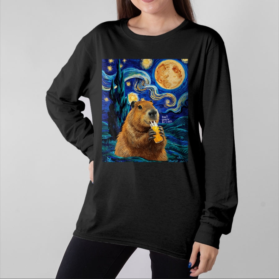 Cute Capybara Shirt, Funny Capybara Unisex T-Shirt/Hoodie/Sweatshirt HLT00 - Capybara in Van Gogh Starry Night Don_t Worry Be Capy Cappy T-Shirt