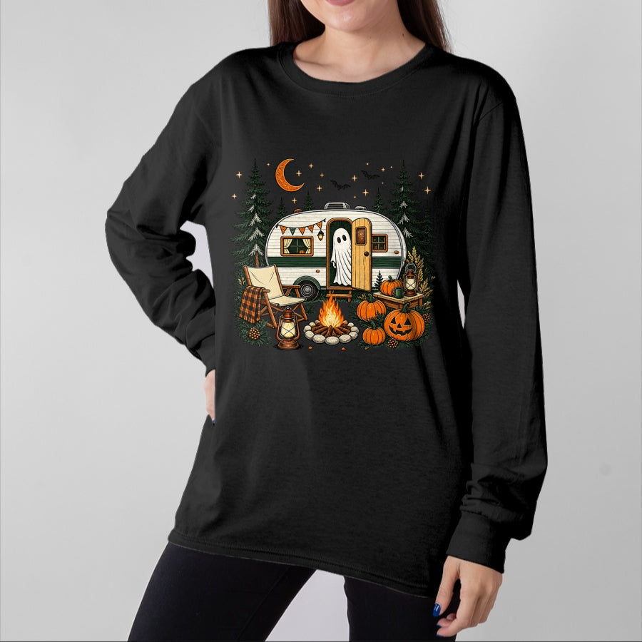 Funny Camping Shirt, Gift For Camping Lover Unisex T-Shirt/Hoodie/Sweatshirt HLT00 - Halloween Ghost Fall RV Camping Autumn Moon Night Funny T-Shirt