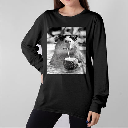 Cute Capybara Shirt, Funny Capybara Unisex T-Shirt/Hoodie/Sweatshirt HLT00 - Capybara Selfie with Sunglasses and Coconut Drink T-Shirt