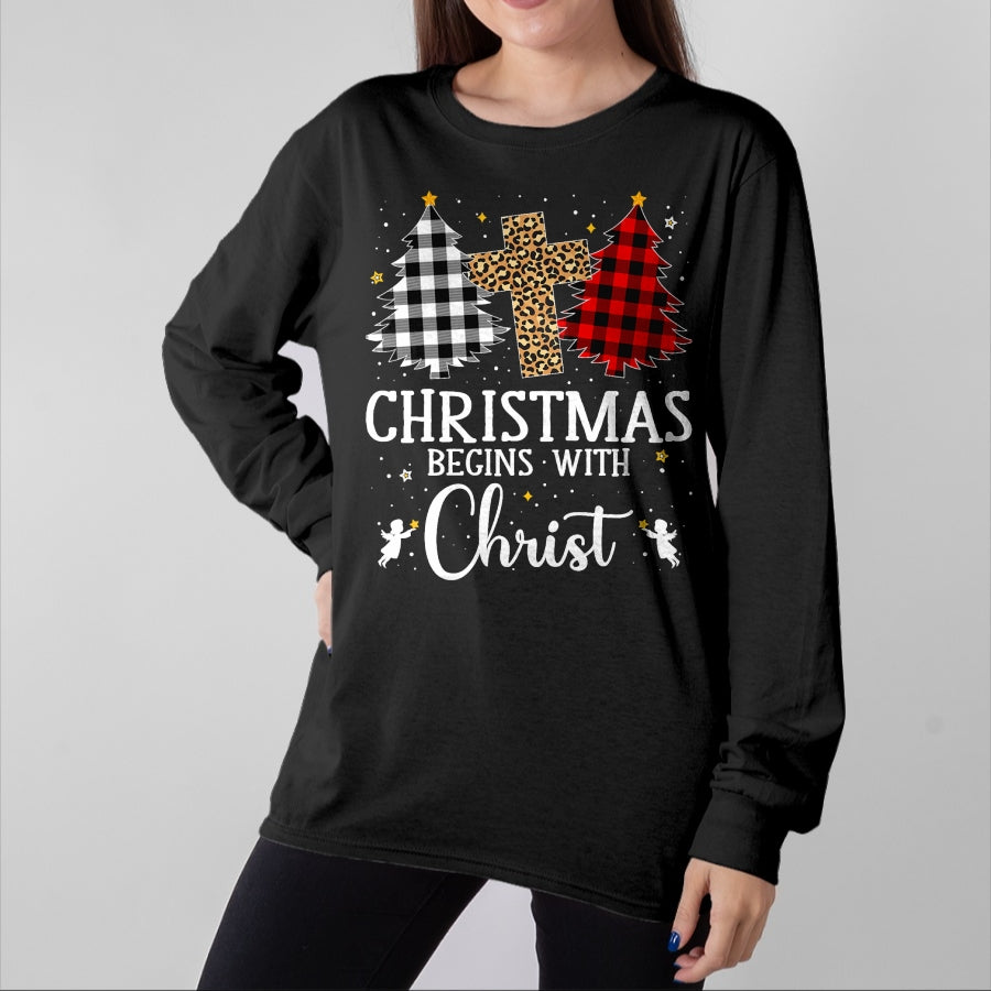 Christian Tee, Christian Faith Unisex T-Shirt/Hoodie/Sweatshirt HLT00 - Christmas Begins With Christ Jesus Cross Christian Christmas T-Shirt