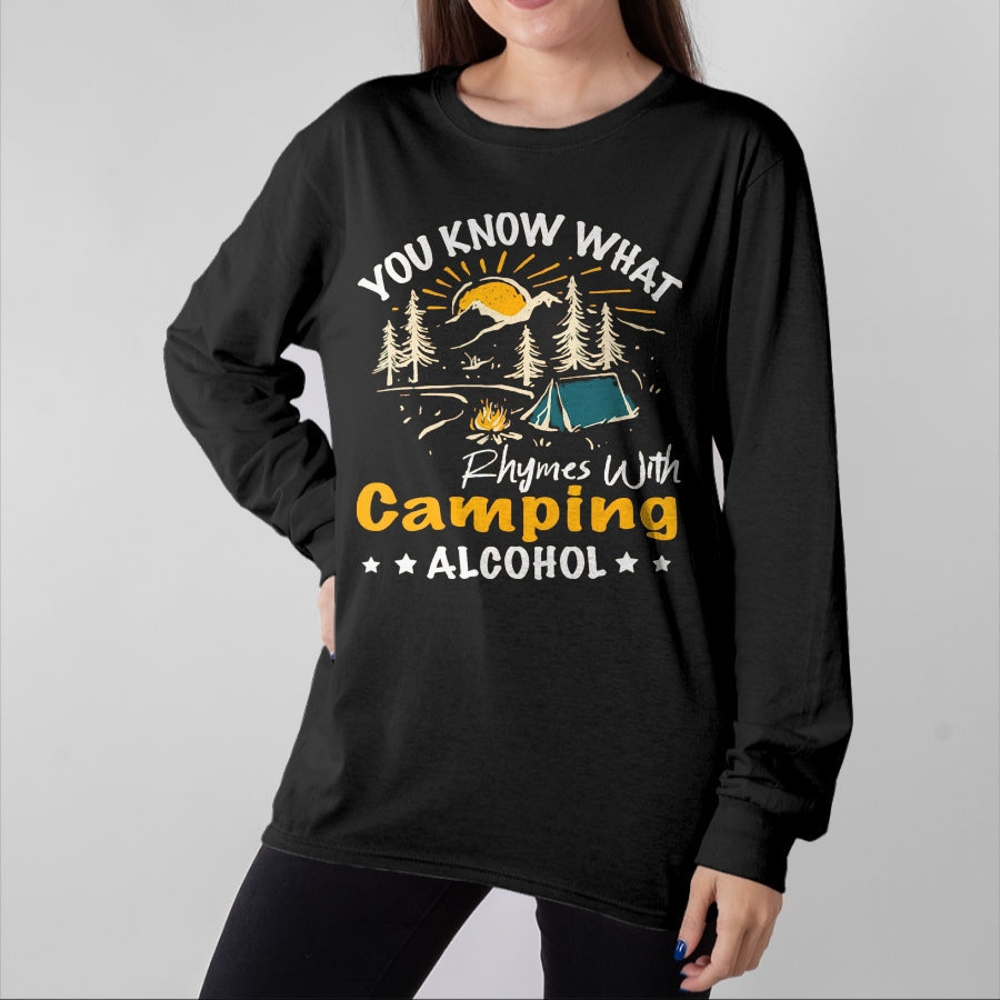Funny Camping Shirt, Gift For Camping Lover Unisex T-Shirt/Hoodie/Sweatshirt HLT00 - You Know What Rhymes with Camping Alcohol Hiking Adventure T-Shirt, Men, Black, Medium