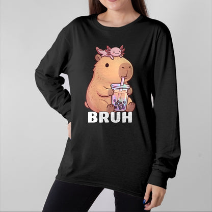 Cute Capybara Shirt, Funny Capybara Unisex T-Shirt/Hoodie/Sweatshirt HLT00 - Cute Bruh Capybara Drinking Bubble Tea Axolotl Funny Kawaii T-Shirt