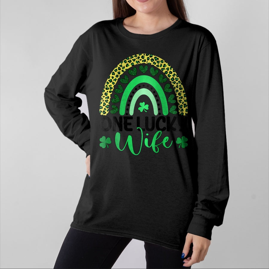 Best Wife Shirt, Wife and Husband Unisex T-Shirt/Hoodie/Sweatshirt HLT00 - Gift for wife T shirt, lucky wife   Womens One Lucky Wife Leopard Rainbow Saint Patrick's Day Raglan