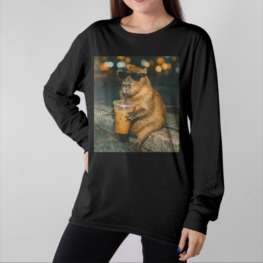 Cute Capybara Shirt, Funny Capybara Unisex T-Shirt/Hoodie/Sweatshirt HLT00 - Funny Capybara Drinking Iced Coffee Cute Animal Meme T-Shirt