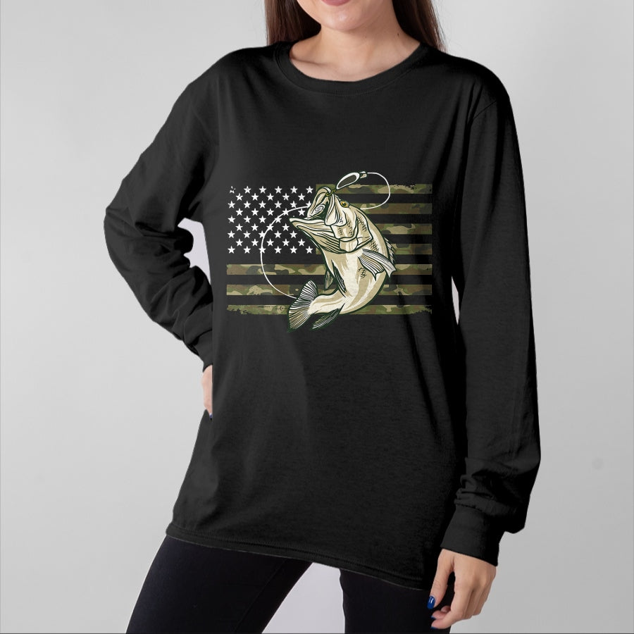 Funny Fishing Shirt, Gift For Fishing Lover Unisex T-Shirt/Hoodie/Sweatshirt HLT00 - Fishing Camouflage US American Flag Bass Fish Fisherman Camo T-Shirt