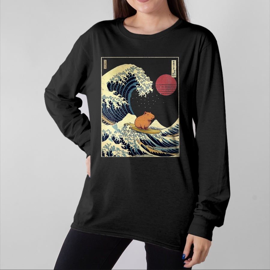 Cute Capybara Shirt, Funny Capybara Unisex T-Shirt/Hoodie/Sweatshirt HLT00 - Capybara Japanese Kanagawa Wave Funny Surf Animal T-Shirt, Men, Black, 3X-Large