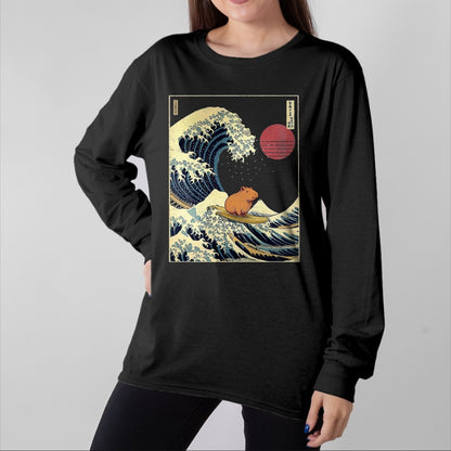 Cute Capybara Shirt, Funny Capybara Unisex T-Shirt/Hoodie/Sweatshirt HLT00 - Capybara Japanese Kanagawa Wave Funny Surf Animal T-Shirt, Men, Black, 3X-Large