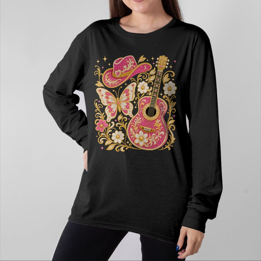 Guitar Lover Shirt, Funny Guitar UnisexT-Shirt/Hoodie/Sweatshirt HLT00 - Western Country Southern Rodeo Cowgirl Guitar Butterfly T-Shirt