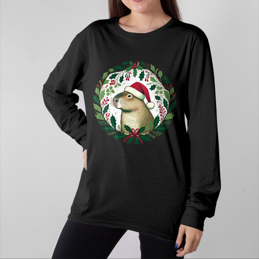 Cute Capybara Shirt, Funny Capybara Unisex T-Shirt/Hoodie/Sweatshirt HLT00 - Capybara Christmas illustration Long Sleeve T-Shirt (1)