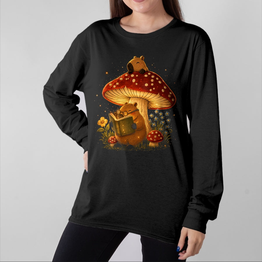 Cute Capybara Shirt, Funny Capybara Unisex T-Shirt/Hoodie/Sweatshirt HLT00 - Capybara Reading Book Mushroom Cottagecore Aesthetic Women T-Shirt