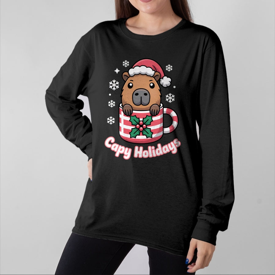 Cute Capybara Shirt, Funny Capybara UnisexT-Shirt/Hoodie/Sweatshirt HLT00 - Capy Holidays Cute Capybara Christmas Santa Hat Long Sleeve T-Shirt