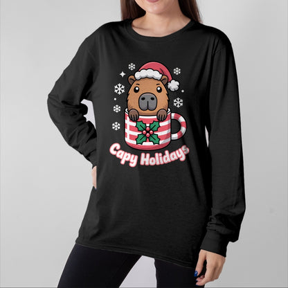 Cute Capybara Shirt, Funny Capybara UnisexT-Shirt/Hoodie/Sweatshirt HLT00 - Capy Holidays Cute Capybara Christmas Santa Hat Long Sleeve T-Shirt