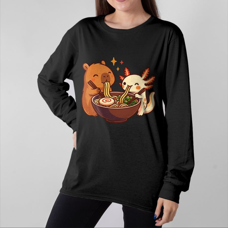 Cute Capybara Shirt, Funny Capybara Unisex T-Shirt/Hoodie/Sweatshirt HLT00 - Capybara with Axolotl Eats Noodles Ramen Kawaii T-Shirt, Men, Black, 3X-Large